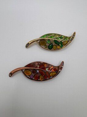 Liz Claiborne LC Leaf Brooch Set Enamel Cabochon Rhinestone Fall Pair